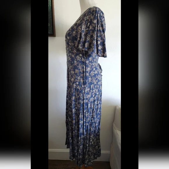 #81 Vintage All That Jazz Women's 90s Retro Blue Floral Maxi Long Dress Size M - Picture 5 of 8